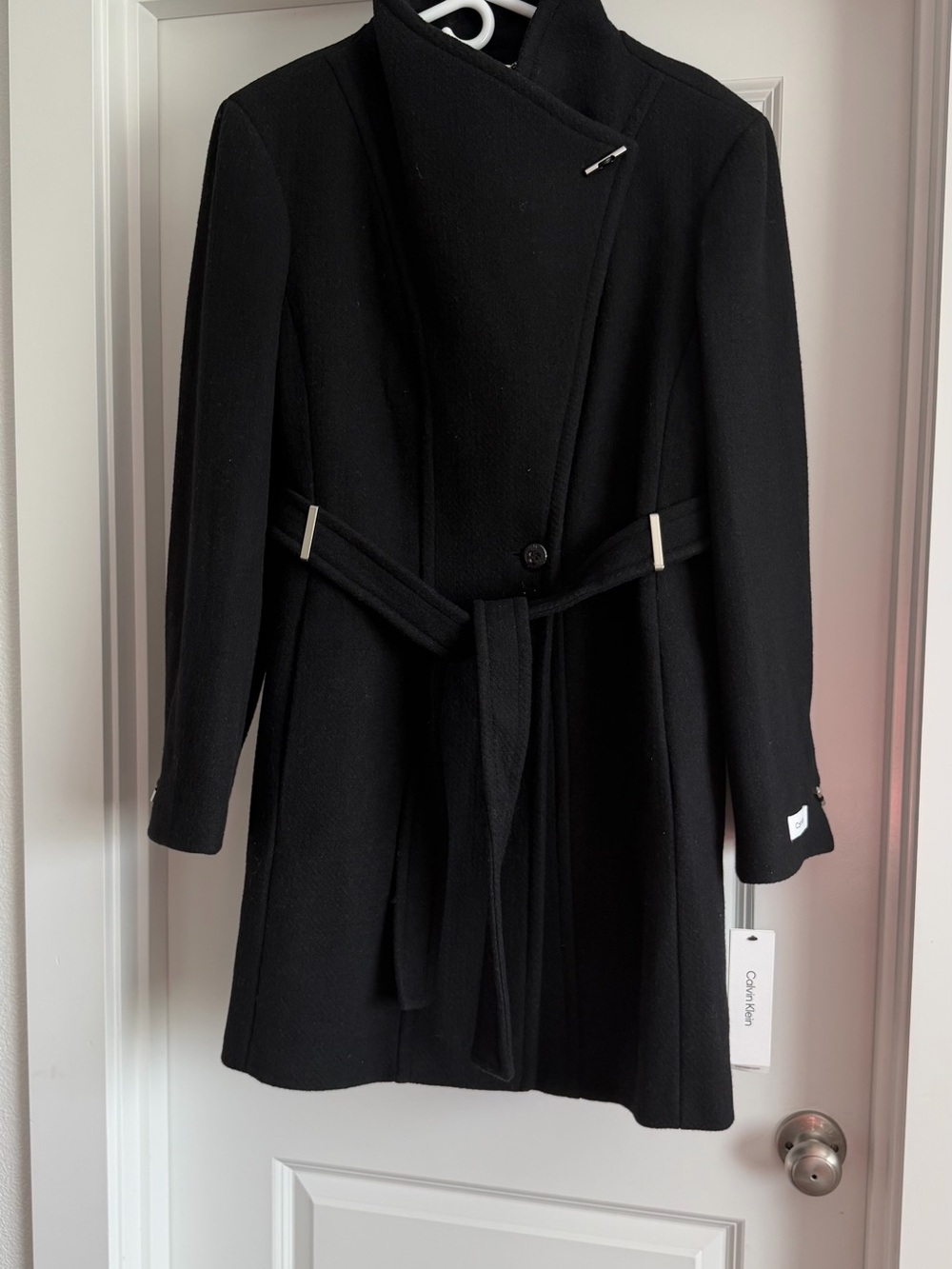 Calvin Klein Black Belted Wool-Blend Asymmetrical Trench Coat